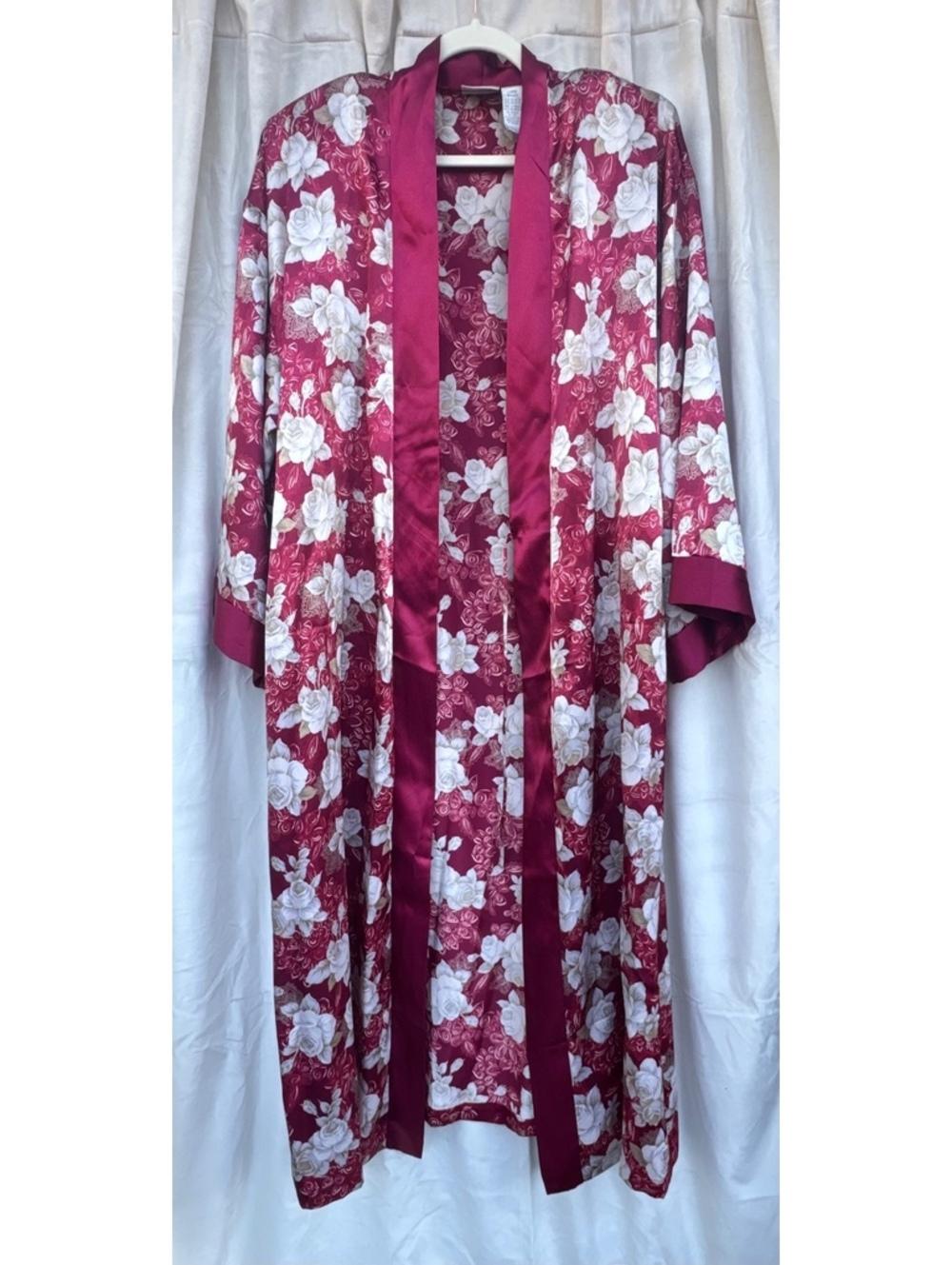 Vintage Satin Full Length Robe Burgundy and Cream Roses With Belt